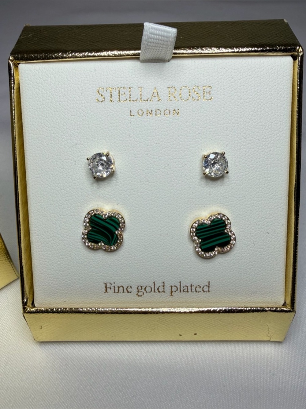 Stella Rose London Gold Plated Earring Set Malachite‎ Clover & Clear Studs - Picture 5 of 5